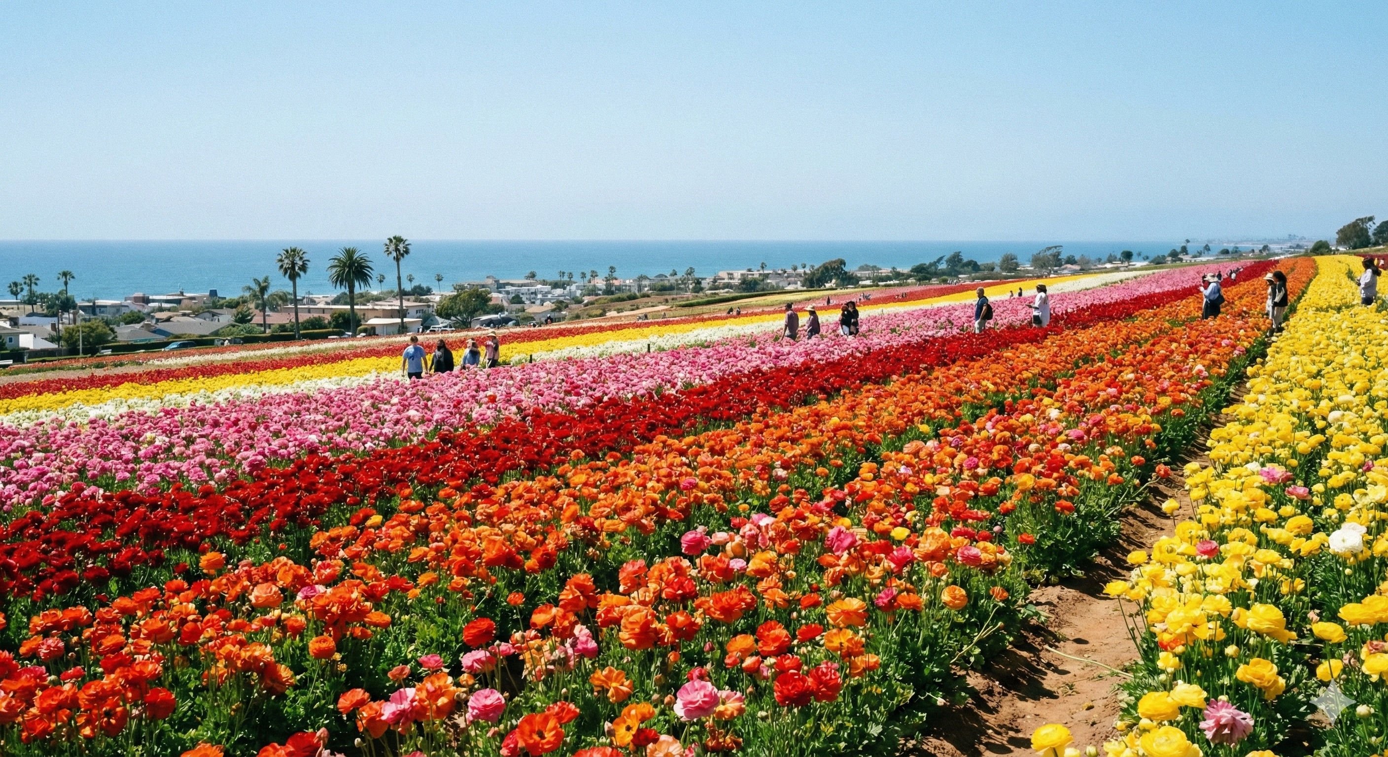 Colorful ranunculus flower fields in Carlsbad with Pacific Ocean in the background