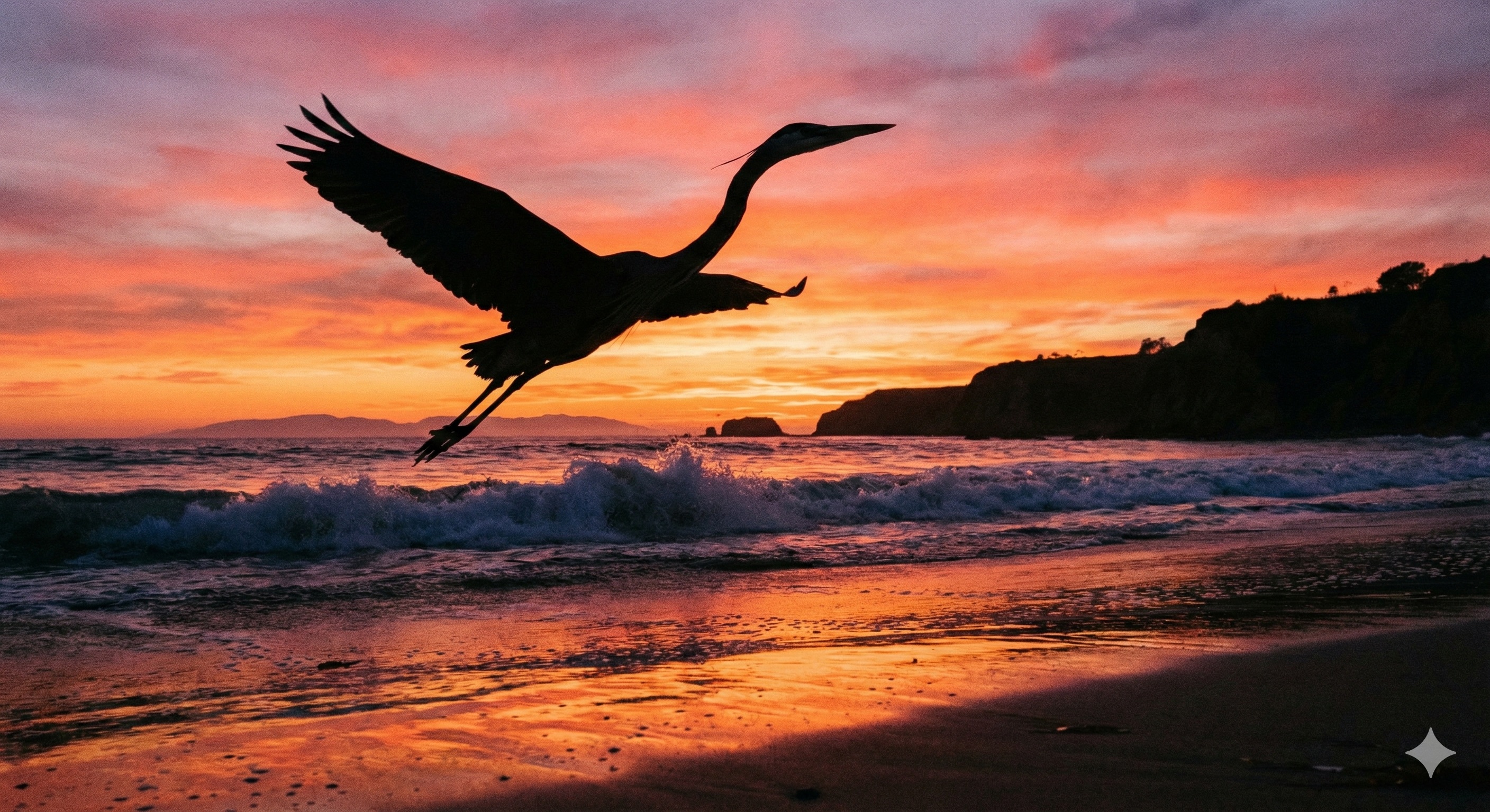 Great blue heron silhouetted in flight against a vibrant sunset over the Pacific Ocean